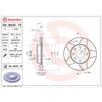 Abbildung von BREMBO MAX LINE 09.8635.75 Bremsscheibe 240 20 4 geschlitzt, innenbelüftet beschichtet mit Schrauben OPEL: Corsa C Hatchback