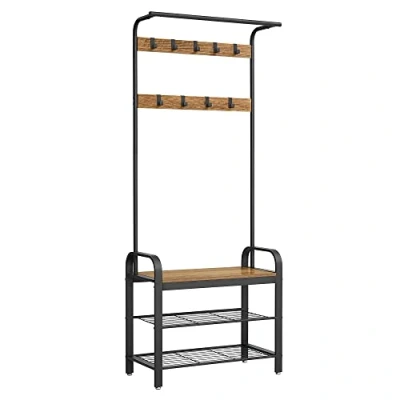 Abbildung von VASAGLE Garderobenständer, Garderobe, mit Schuhbank, 4 in 1 , 9 abnehmbare Haken, Kleiderstange, Eingangsbereich, Flur, 33,7 x 72 183 cm, Industrie Design, walnussbraun schwarz HSR040B41