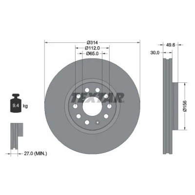Abbildung von TEXTAR 92232405 Bremsscheibe 314 30 05/10 112 innenbelüftet beschichtet hochgekohlt ohne Radbefestigungsbolzen, Radnabe VOLKSWAGEN: Sharan II