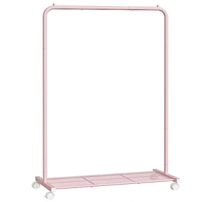 Abbildung von SONGMICS Kleiderständer, Kleiderstange auf Rollen, Garderobenständer Metall, Rollgarderobe 91 cm breit, mit Ablage, 2 Rollen Bremse, Stange bis 40 kg belastbar, pastellrosa HSR025P01