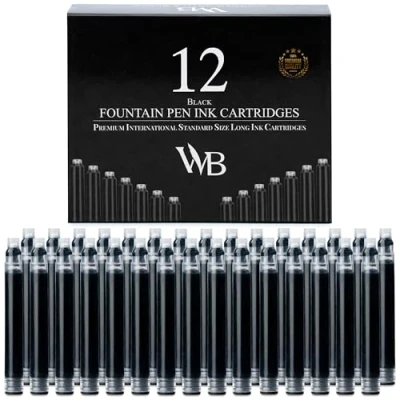 Abbildung von Wordsworth &amp; Black 12er Pack Schwarzer Füllfederhalter Tintenpatronen von Schwarz; Internationaler Standard Größe Länge ca. 5,2 cm Basisdurchmesser 0,6 Einweg