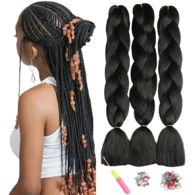 Abbildung von ShowJarlly Schwarz Braids Extension,Kanekalon Kunsthaar Haar, Ombre Jumbo Braid Haarverlängerung 24&quot;, Kanekalon Zöpfe Box Haar Zum Einflechten Für Crochet Twist Flechten
