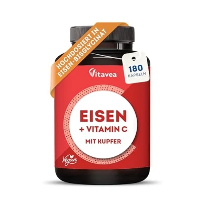 Abbildung von Eisen mit Vitamin C Für Immunsystem und Energiestoffwechsel Hoch bioverfügbares Eisenbisglycinat (Eisen Chelat) Vegan, Laborgeprüft, ohne unerwünschte Zusätze 180 Kapseln Vitavea