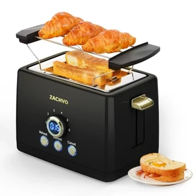 Abbildung von Toaster 2 Scheiben ZACHVO mit Brötchenaufsatz, 6 Bräunungsstufe 850W Herausnehmbare Krümelschublade, LED Bildschirm High Lift, Aufwärmen, Auftauen, Abbrechen Funktion