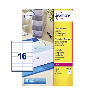 Abbildung von Avery L7562 25 Adressetiketten 16 pro Blatt 99,1 x 33,9 mm 400 Stück transparent