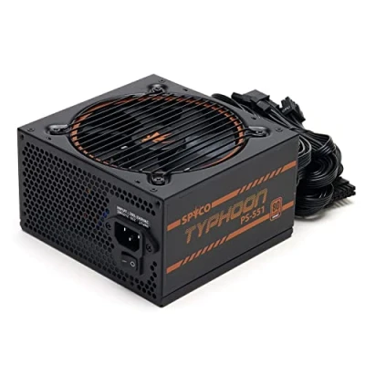 Abbildung von SPYCO Typhoon PS 551, Gaming Netzteil 550 W, 80 Plus Bronze, Nicht modular, geräuscharm, ATX, Supersilent Lüfter, Kondensatoren Teapo, kompakte Abmessungen, Garantie 5 Jahre