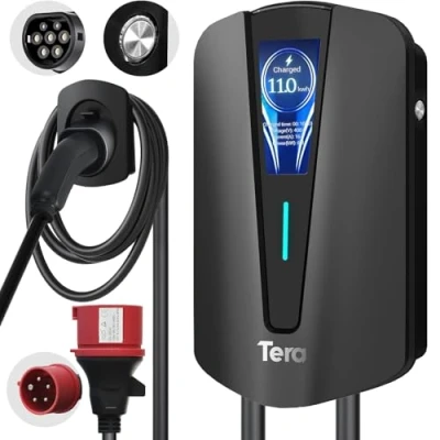 Abbildung von Tera EV Ladegerät Typ 2 11KW Heim Ladestation Wallbox Ladekabel Elektroauto mit Kabelhalterung 3 Phasen CEE Stecker 16A 5PIN Kabel für EVs und PHEVs Q8 Schwarz
