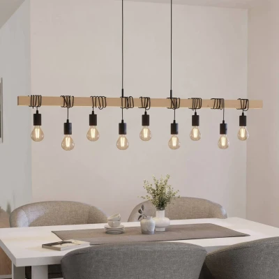 Abbildung von EGLO Pendellampe Townshend, 9 flammige Vintage Pendelleuchte im Industrial Design, Retro Hängelampe aus Stahl und Holz, Farbe Schwarz, braun, FSC zertifiziert, Fassung E27