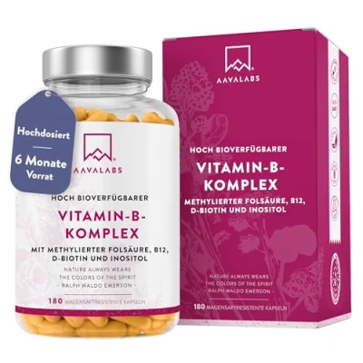 Abbildung von Vitamin B Komplex Hochdosiert 180 Kapseln mit 8 essentiellen Vitamine: B12 Folsäure B5 B1 B6 B3 Niacin B8 D Biotin Inositol Cholin