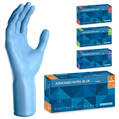 Abbildung von ARNOMED Einweghandschuhe Blau Extra Lang, 30cm Lange Einmalhandschuhe in L, Nitrilhandschuhe Einweg Dick, 100 Stk/Box, Gummihandschuhe Lang Einweg, Langer Schaft S, M, L &amp; XL