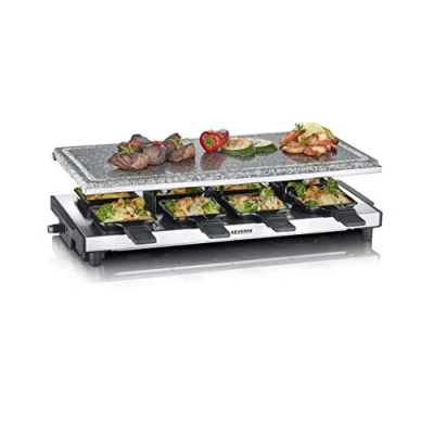 Abbildung von SEVERIN Raclette mit Naturgrillstein, elektrischer Tischgrill, für 8 Personen Grillplatte und Pfännchen, Kunststoff/Edelstahl, schwarz, RG 2374