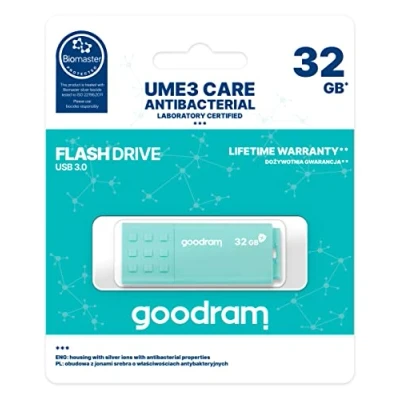 Abbildung von goodram USB Speicherstick mit 32GB UME3 Care 3.0 DatenSpeicherung Pen Drive Lesegeschwindigkeit bis zu 60 MBs Memory Stick Antibakterielles Gehäuse Spritzwasserschutz Blau