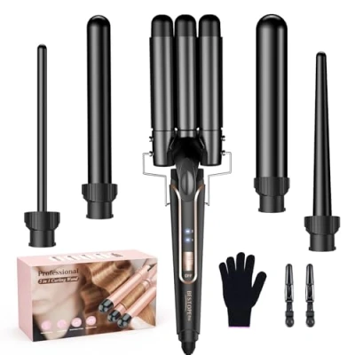 Abbildung von BESTOPE PRO Lockenstab Lockenstäbe 3 Fässer Welleneisen 5 in 1 Set für großer Wellen, Temperatureinstellung, Schnellaufheizung und einem Handschuh, 2 Clips, Schwarz
