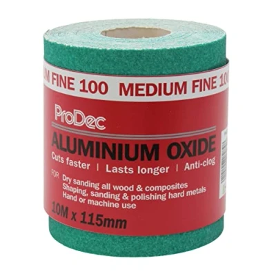 Abbildung von ProDec 10 m Rolle, mittelfeine, grünes Aluminiumoxid Schleifpapier mit Körnung 100 zum Schleifen von Holz, Farbe, Putz, Spachtelmasse, Metall &amp; mehr; Schleifpapier, kompatibel Maschinenschleifern