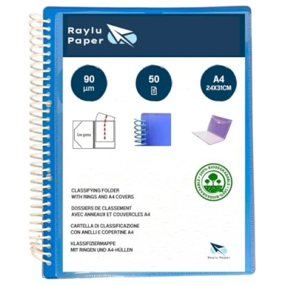 Abbildung von RAYLU PAPER Sortiermappe mit Ringen A4 Klarsichthüllen 90 Mikron und Umschlag Klettverschluss, personalisierbarer Deckel, 100% biologisch abbaubar (50 Hüllen, Blau)