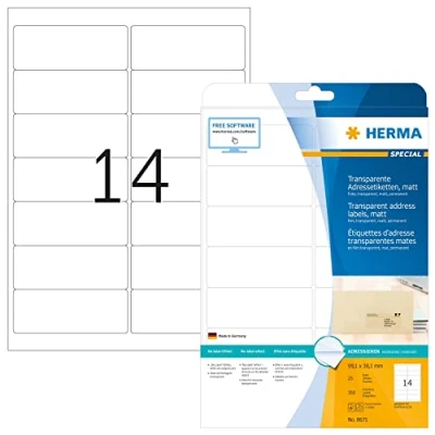 Abbildung von HERMA 8671 Wetterfeste Folienetiketten transparent, 25 Blatt, 99,1 x 38,1 mm, 14 pro A4 Bogen, 350 Stück, selbstklebend, bedruckbar, matt, blanko Klebeetiketten Aufkleber aus Folie, durchsichtig