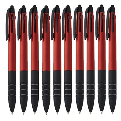 Abbildung von 10er Set Dreifach Kugelschreiber drei Farben Blau Rot und Schwarz Touchpen Eingabestift4in1 Schreibgerät von notrash2003® (Rot)