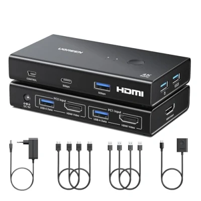 Abbildung von UGREEN HDMI 2.0 KVM Switch 2 PC 1 Monitor USB 4K@60Hz mit Desktop Steuerung für Share Display und 4 Anschlüsse Tastatur, Maus, Drucker, Webcam