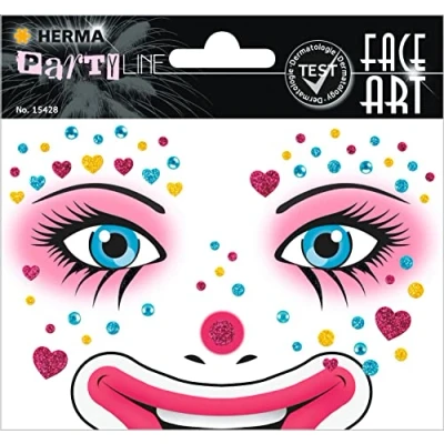 Abbildung von HERMA 15428 Face Art Sticker Clown Herzen, dermatologisch getestet, ablösbare Glitzer Gesicht Aufkleber, temporäre Tattoos für Karneval Fasching Halloween Festival Kinder Geburtstag, pink rosa