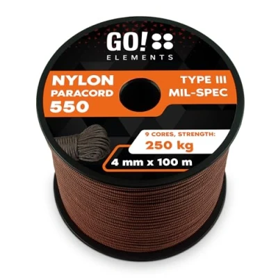 Abbildung von GO!elements 100m Paracord Seil aus reißfester Nylonschnur 4mm 550 Typ III Schnur Allzweckseil &amp; Reepschnur Max. 250kg, Farbe:Braun