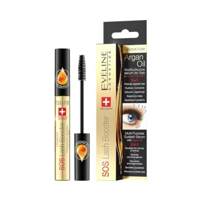Abbildung von Eveline Cosmetics SOS Lash Booster 5 in 1 Wimpernserum mit Arganöl Wimpernwachstumsaktivator &amp; Nährende Basis Volumen, Verlängerung, Stärkung Parfümfrei, Kontaktlinsenfreundlich, 10ml