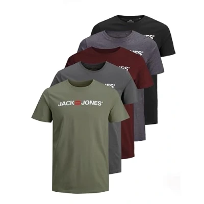 Abbildung von JACK &amp; JONES Herren JJECORP Logo Tee SS Crew Neck 5er Pack Kurzarm T Shirt, A, Asphalt/Black/DGM/PortRoyale/DustyOlive, L