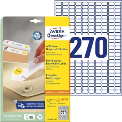 Abbildung von AVERY Zweckform L4730REV 25 Universal Etiketten (6.750 plus 1.350 Klebeetiketten extra, 17,8x10mm auf A4, wieder rückstandsfrei ablösbar/abziehbar, bedruckbar, selbstklebende Aufkleber) 30 Blatt, weiß