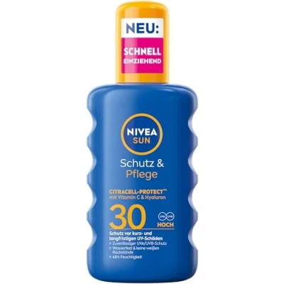 Abbildung von NIVEA SUN Schutz &amp; Pflege Sonnenspray LSF 30, wasserfestes Sonnencreme Spray mit Vitamin C Hyaluron, schnell einziehender Sonnenschutz für 48h Feuchtigkeit (200 ml)
