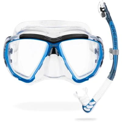 Abbildung von CRESSI Combo Big Eyes+Alpha U.D. Clear/Azure Unisex Maske Außergewöhnliche Sichtbarkeit Eyes und Trockenschnorchel Alpha Ideal zum Tauchen, Schnorcheln, Transparent/Azurblau, Einheitsgröße