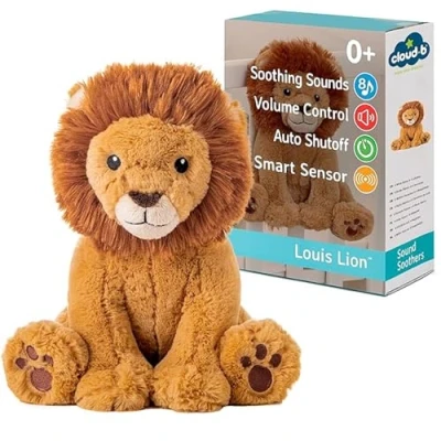 Abbildung von Cloud B Soundmaschine mit weißem Rauschen beruhigenden Geräuschen Kuscheliges Stofftier Einstellbare Einstellungen und automatische Abschaltung Louis Lion™ Smart Sensor