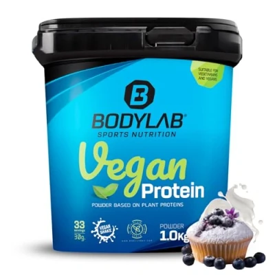 Abbildung von Bodylab24 Vegan Protein Blaubeer Muffin 1000g, 100% veganes Proteinpulver aus Ackerbohnen, Erbsen und Kürbiskernprotein, mit 80g Eiweiß je 100g Pulver, ideal für den Muskelaufbau erhalt