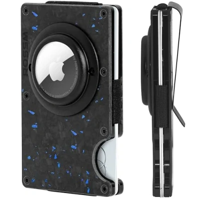 Abbildung von ROSSM Airtag Geldbörse Herren mit RFID Schutz Kartenetui aus Kohlefaser und Metall Geldklammer Gummiband Geldbeutel Slim Wallet for Men