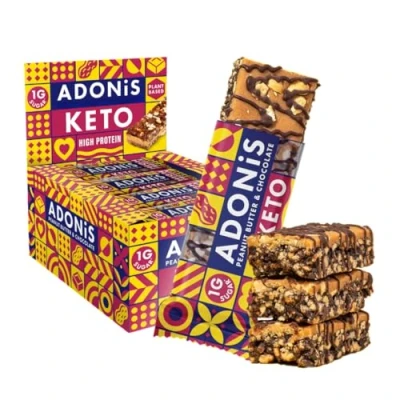 Abbildung von Adonis Keto Peanut Butter &amp; Chocolate High Protein Riegel (16 x 45 g Riegel) Vegan freundlich 100% natürlich Glutenfrei, zuckerfrei, palmölfrei, milchfrei Zuckerarm, kalorienarm