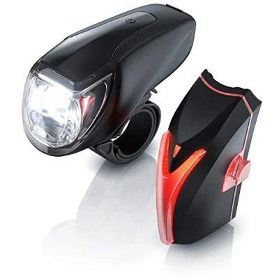 Abbildung von LED Akku Fahrradbeleuchtung Set StVZO Fahrradlampen 90 Lux Vorderlicht und Rücklicht zugelassen nach Schnellbefestigung Befestigungs Clip Fahrradlicht Fahrradlampe Fahrradleuchte