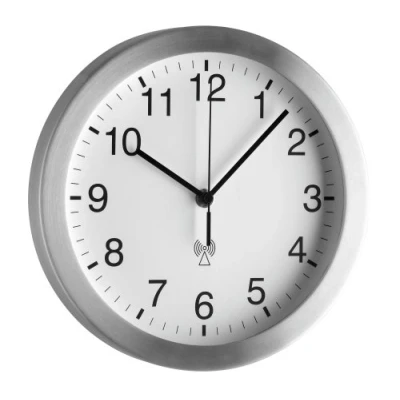 Abbildung von TFA Dostmann Analoge Funk Wanduhr, 98.1091, mit Aluminium Rahmen, Funkuhr, Küchenuhr, Schlichtes Design, 25cm Durchmesser, weiß Silber