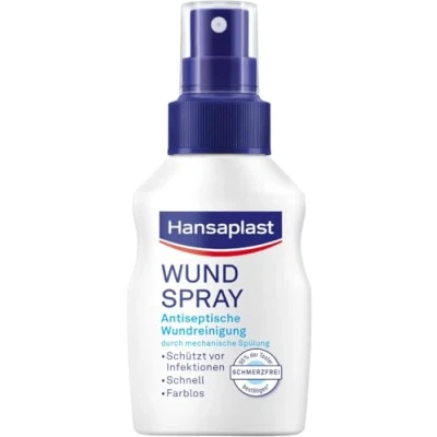 Abbildung von Hansaplast Wundspray (50 ml), zur antiseptischen Wundreinigung durch mechanische Spülung, Spray schützt vor Wundinfektionen, farblos und besonders hautfreundlich