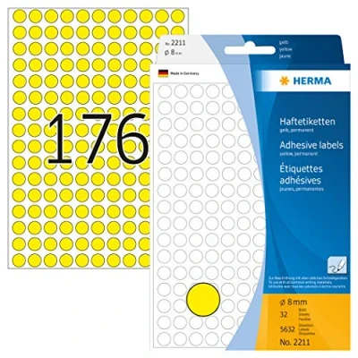Abbildung von HERMA 2211 Punktaufkleber Klebepunkte gelb, 5632 Stück, Ø 8 mm, 176 pro Bogen, selbstklebend, Markierungspunkte für Kalender Planer Basteln, matt, blanko Papier Farbpunkte Aufkleber