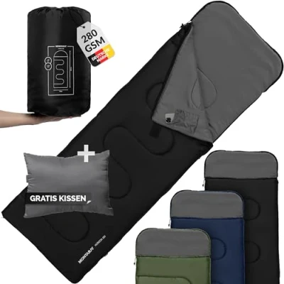 Abbildung von MONTARAY Deckenschlafsack mit Kapuze bis 5C INKL. KISSEN Outdoor Winter Schlafsack &amp; Sommer 280GSM 3 4 Jahreszeiten Hütten Schlafsäcke Damen Herren Sleeping Bag warm, ultra leicht