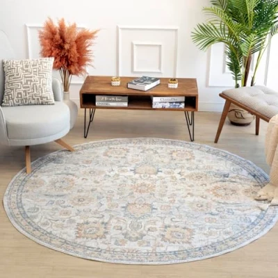 Abbildung von Livabliss Doha Teppich waschbar in der Waschmaschine Vintage für Wohnzimmer 200 cm Rund, Schlafzimmer, Küche Orientalischer Boho Teppiche, Groß Elfenbein, Grau, Blau
