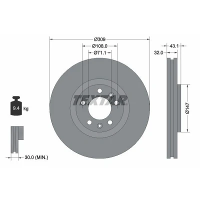 Abbildung von TEXTAR 92111900 Bremsscheibe 309 32 05/07 108 innenbelüftet ohne Radbefestigungsbolzen, Radnabe PEUGEOT: 607 Saloon