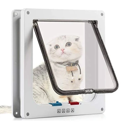 Abbildung von Sailnovo Katzenklappe Hundeklappe 19 * 20 5.5cm 4 Wege Magnet Verschluss für Katzen und kleine Hunde Hundetür Katzentür Haustierklappe (M, Weiß)