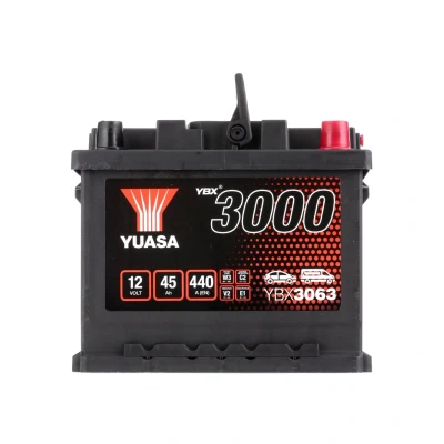 Abbildung von YUASA YBX3000 YBX3063 Batterie 12V 45Ah 440A FORD: FOCUS 3, C Max 2, FIESTA 6, VOLKSWAGEN: Polo II Coupe, TRANSPORTER 4 Bus, GOLF OPEL: Meriva B