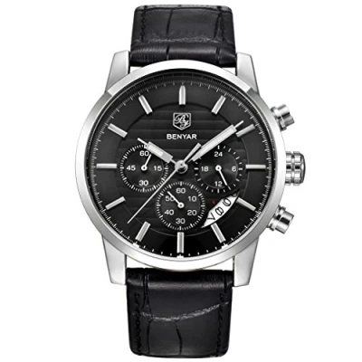 Abbildung von BY BENYAR Herrenuhr Mode Quarzwerk Armbanduhr Analog Chronograph Business Wasserdicht und Kratzfest Edelstahlarmband Freizeit Sportuhren für Herren（Schwarz Schwarz）