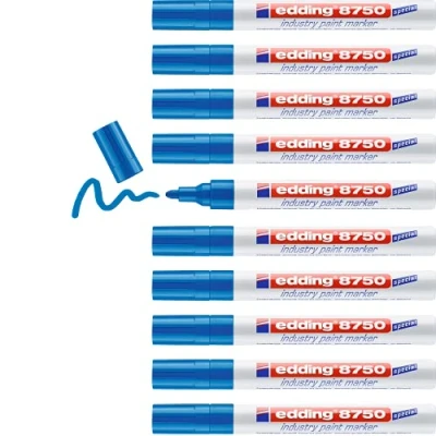Abbildung von edding 8750 Industry Lackmarker blau 10 Stifte Rundspitze 2 4 mm zum Schreiben auf staubigen, leicht öligen Oberflächen, Reifen, Metall, Glas und Holz permanent, wasserfest