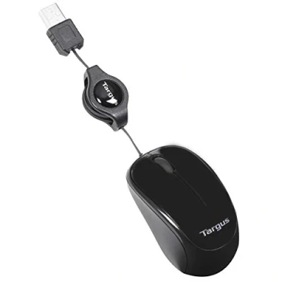 Abbildung von Targus Compact Blue Trace Mouse kleine Computer Maus mit ausziehbarem Kabel Optische Technologie für alle Oberflächen Laptop unterwegs Schwarz, AMU75EU