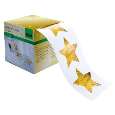 Abbildung von SIGEL CS112 Weihnachts Sticker auf Rolle 200 Aufkleber 4,7 x cm Sterne gold &quot;Christmas Stars&quot;