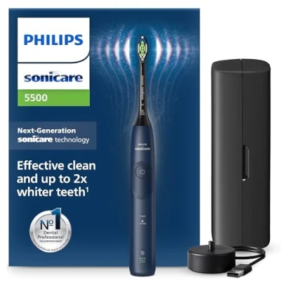 Abbildung von Philips Sonicare 5500 elektrische Zahnbürste, Schallzahnbürste mit 2 Putzmodi, Andruckkontrolle, EasyStart, SmarTimer und BrushPacer, Navy, Modell HX7113/01