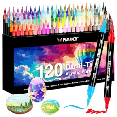 Abbildung von 120 Farben Acrylstifte Set Acrylmarker mit feiner Spitze und Pinsel für Stoff, Leinwand, Glas, Holz Papier Ideal Kinder Erwachsene, zum Zeichnen DIY Bastelprojekte