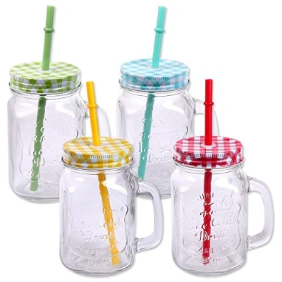Abbildung von Schramm® 4 Stück Trinkgläser mit Deckel, Henkel und Mehrweg Strohhalm Trinkhalm wiederverwendbar (iii) Glas Gläser Trinkglas Cocktail ca. 500ml Drinking