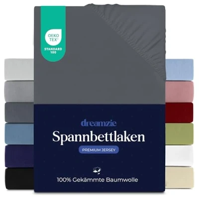 Abbildung von Dreamzie Premium Spannbettlaken 140x200 cm, Spannbetttuch für Dicke Matratzen bis zu 22 Bettlaken 100% Jersey Baumwolle, 150 g/m², Oeko TEX Zertifiziert Dunkelgrau